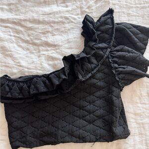 Zara Black One Shoulder Quilted Ruffle Crop Top | Size L